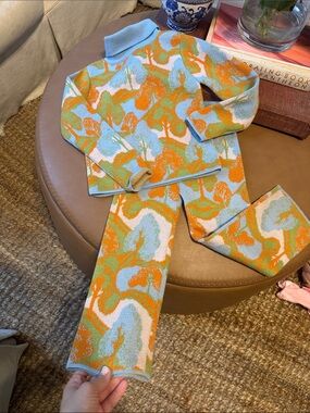 Misha And Puff floral Knit  Set - Blue, Orange & Green 100% merino wool